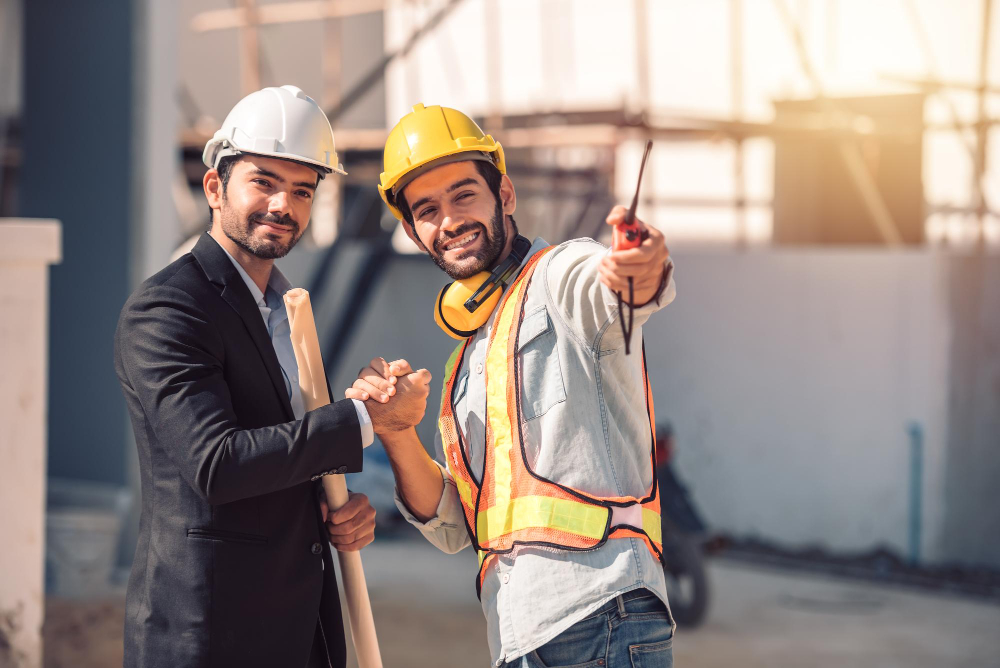 Happy Workers Construction Site Young Civil Engineer Manager Architects Handshaking Construction Site Looking Construction Phase Cooperation Teamwork Concept.jpg